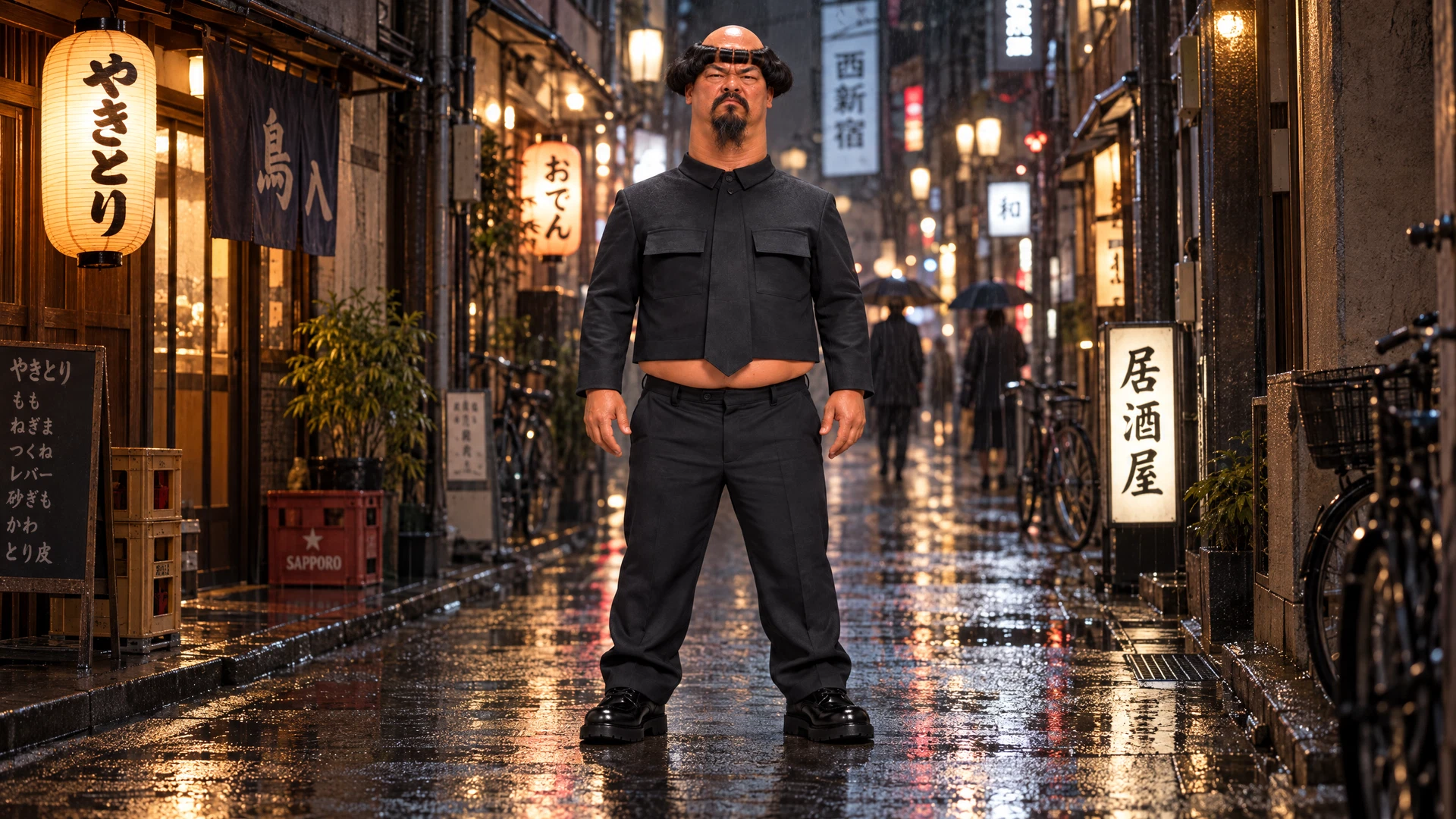Fictional UG LEE standing on a Tokyo night street.