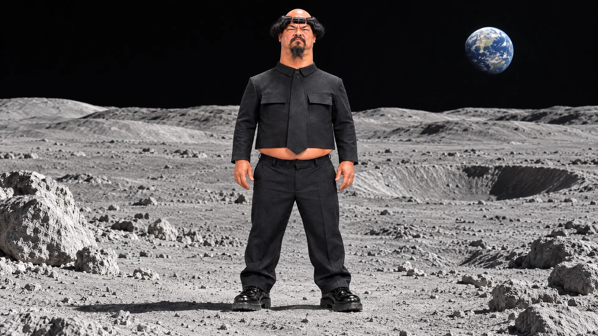 Fictional UG LEE standing on the moon with Earth overhead.