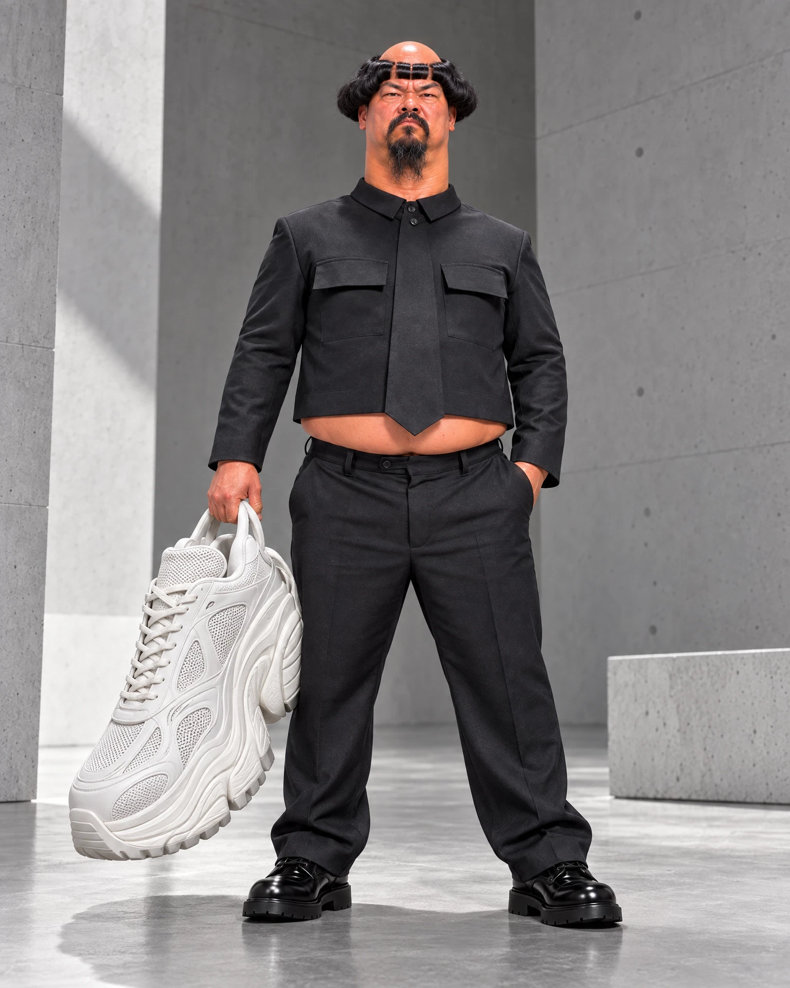 Speculative sportswear campaign concept: UG LEE carries an absurdly oversized white sneaker in a sculptural studio.