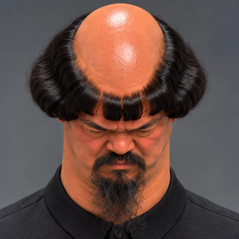 UG LEE looks down sternly, revealing the full absurdity of his bald-crowned bowl cut.